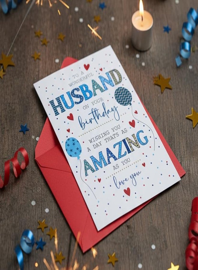 PICKKART Husband Birthday Card with Red Envelope, Blue and Gold Design, Hearts and Balloons Theme, 15 cm Width, Romantic Anniversary Greeting Card - Image 1